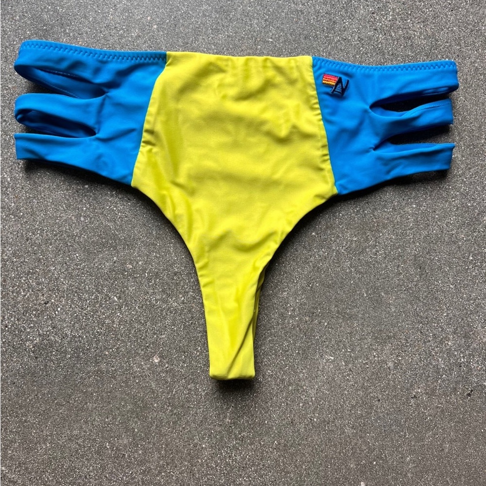 Aviator Nation HI-WAISTED SIDE CUT OUT BIKINI BOTTOMS - LED // BLUE CINA - SMALL